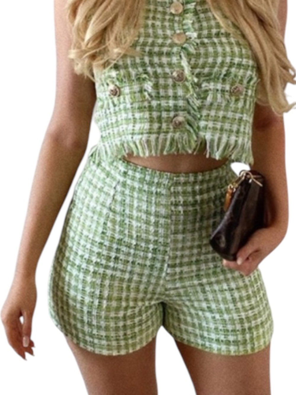 Zara Green and White Tweed Shorts Size XS